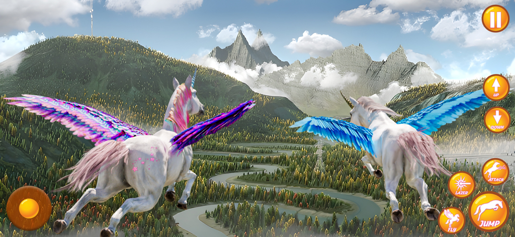 Magic Horse Unicorn Sim - Dos unicornios con alas mágicas volando sobre un pintoresco valle montañoso en un juego de mundo abierto
