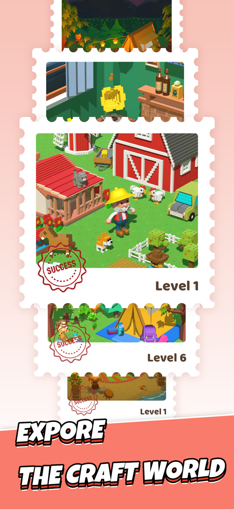 Take Away - Tap 3D Blocks Out - Take Awayゲームの農場やキャンプ場を含む、さまざまなパズルレベルとテーマのスクリーンショット。