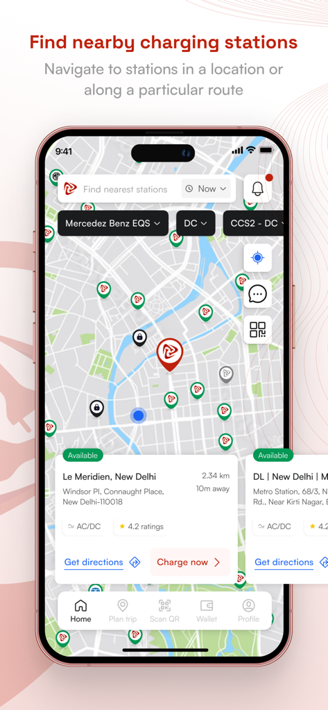 Charge Zone: EV Charging India - Charge Zone app map showing nearby EV charging stations in New Delhi with filters for car model and charger type