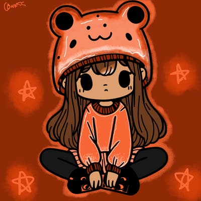 a girl wearing a frog hat and some frog socks