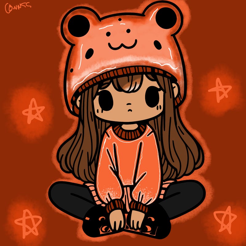 a girl wearing a frog hat and some frog socks