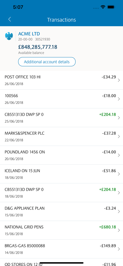 Barclays Corporate - Bildschirm der Barclays Corporate App mit Transaktionen und verfügbarem Guthaben für ein Unternehmenskonto.
