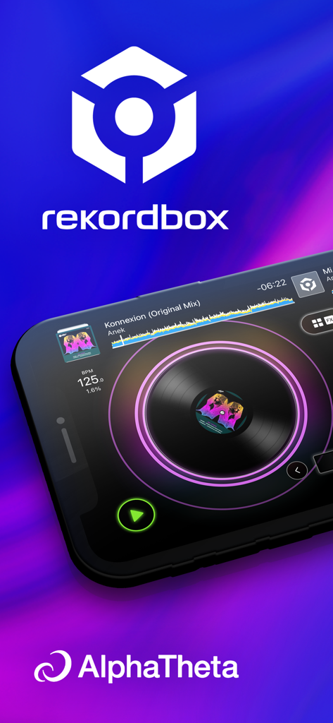 rekordbox - DJ App & DJ Mixer - Smartphone mostrando la interfaz de la aplicación de DJ rekordbox con plato virtual y forma de onda de pista.