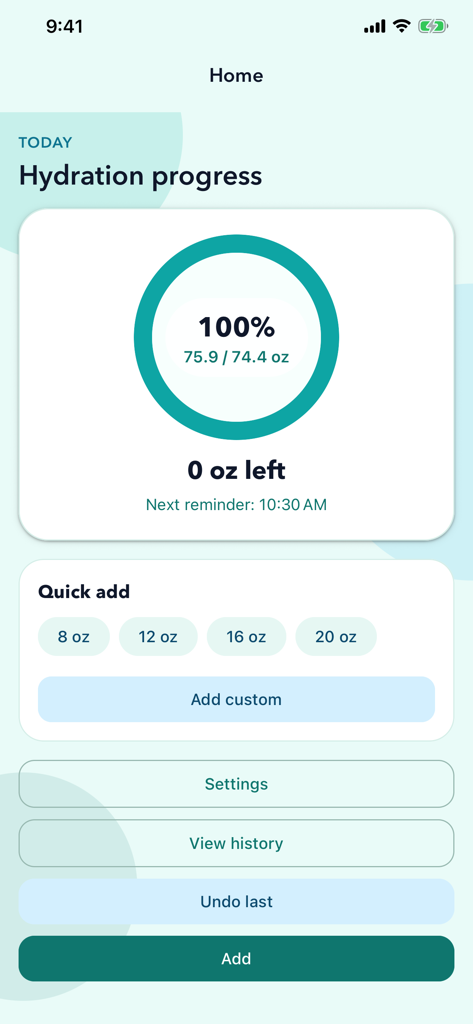 Waterly Water Tracker - Waterly app home screen displaying a circular hydration progress ring at 100 percent with quick add water buttons and next reminder time