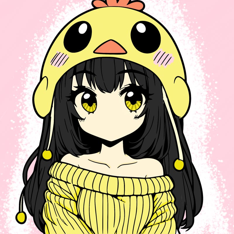 anime girl with chick shaped hat with sweater with bare shoulders with bangs covering them one eye with low tail