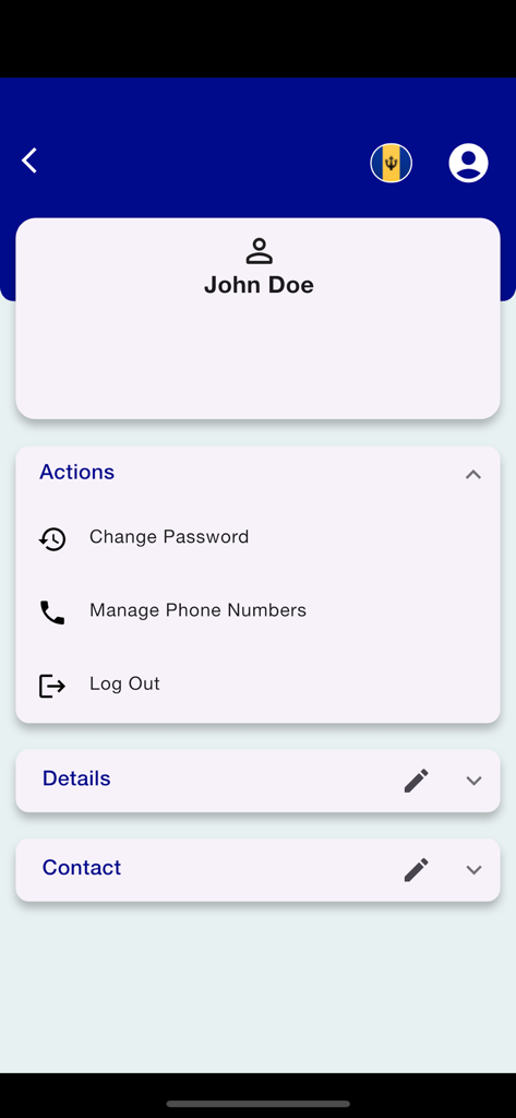 SurePay Mobile app account profile screen showing options for managing passwords, phone numbers, and user details.