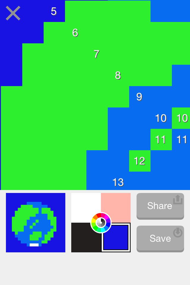 Pixel art magic - Ein Screenshot der Pixel-Art-Magie-App, der einen gezoomten Pixel-Raster-Editor mit Farbauswahl und einer Vorschau einer pixeligen Erde zeigt.
