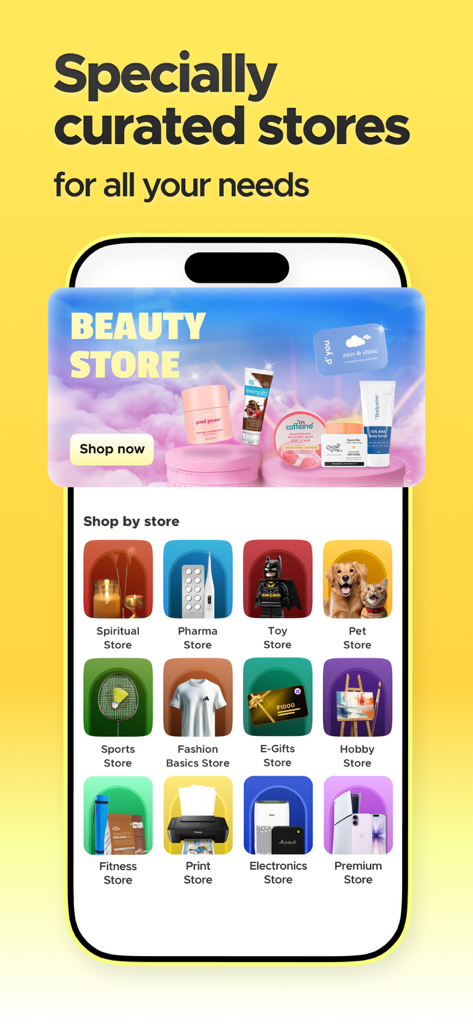 Blinkit: Groceries & more - Screenshot dell'app Blinkit che mostra negozi specializzati curati per bellezza, farmacia, giocattoli, animali domestici ed elettronica