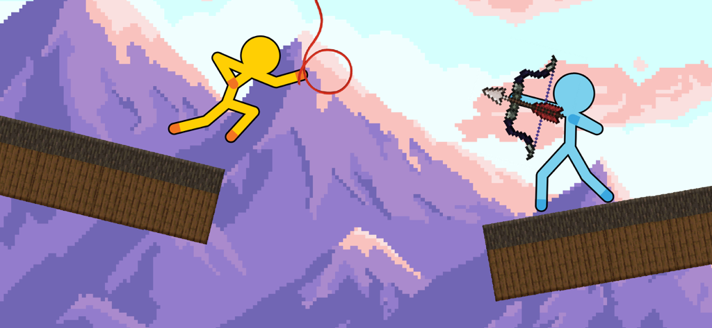 Supreme Stickman Craft Fight - A yellow stickman swings on a rope towards a blue stickman aiming a bow in a pixelated craft world.