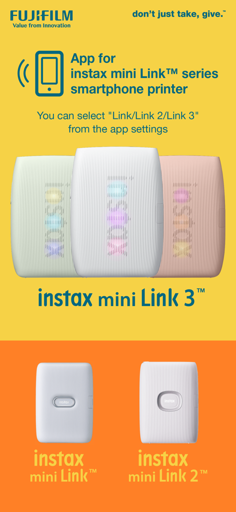 Display of Fujifilm instax mini Link, Link 2, and Link 3 smartphone printers on a yellow and orange background.