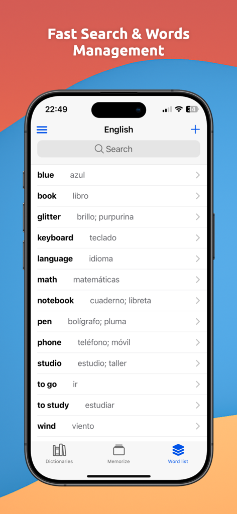 EveryWord: Memorize by Heart - EveryWord app vocabulary list showing English words with Spanish translations and a search bar