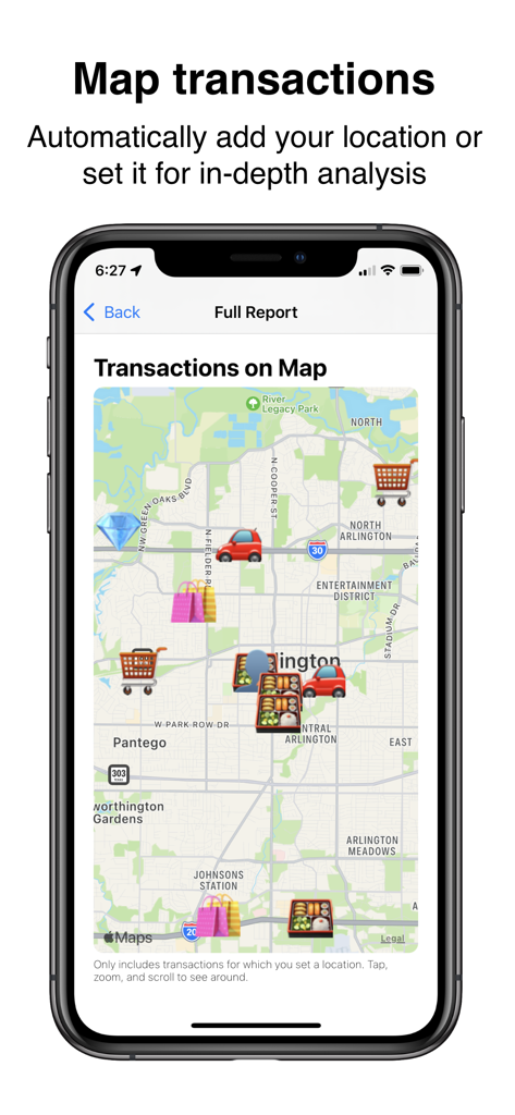 Money-Wise - Schermata dell'app Money-Wise che mostra una mappa con icone di transazioni per il monitoraggio di acquisti e cibo