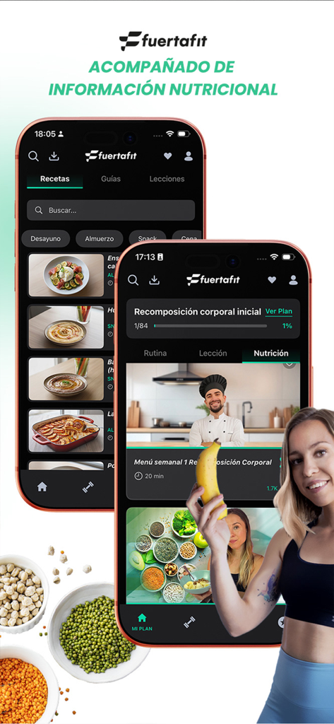 Fuertafit app nutritional section showing healthy recipes and a weekly meal plan with a woman holding a banana