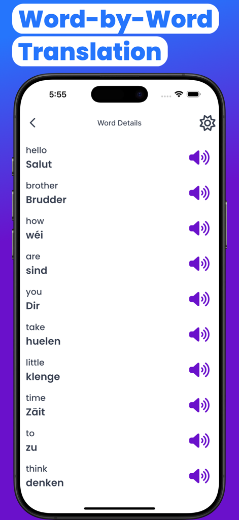 Luxembourg-English Translator - Screenshot of the Luxembourg-English Translator app displaying a list of words with their Luxembourgish translations and audio icons.