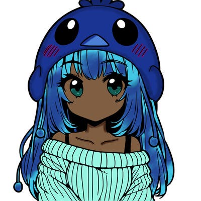 anime girl with chick shaped hat with sweater with bare shoulders with bangs covering them one eye with low tail