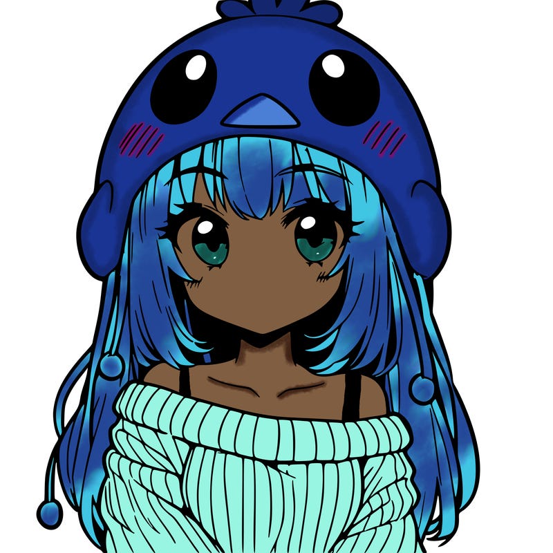anime girl with chick shaped hat with sweater with bare shoulders with bangs covering them one eye with low tail