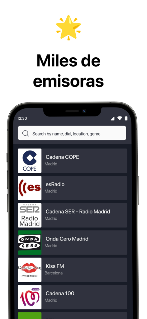 Liste beliebter spanischer Radiosender auf der Benutzeroberfläche der Radios de Espana Mobile App