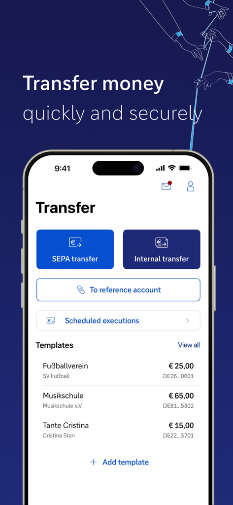 Überweisungsoberfläche der Deutsche Bank App mit SEPA- und internen Überweisungsoptionen.