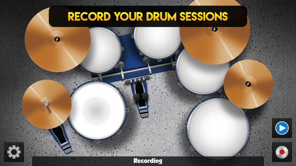 Drum Set Pro HD - Top down view of a virtual drum kit with a record your drum sessions banner