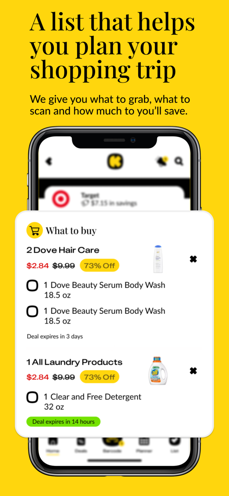 A shopping list in the KCL app displaying curated grocery deals with large discounts.