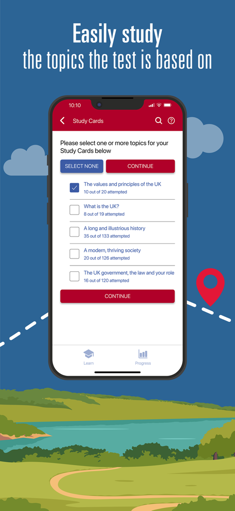 Schermata di selezione per gli argomenti delle schede di studio nell'app ufficiale del Test Life in the UK
