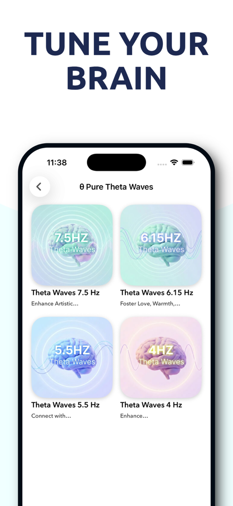 Interfaz de la aplicación Ondas Theta que muestra diferentes opciones de frecuencia de ondas cerebrales como 7.5Hz y 4Hz para la optimización mental.