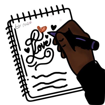 a hand writing “love” in calligraphy on a notebook