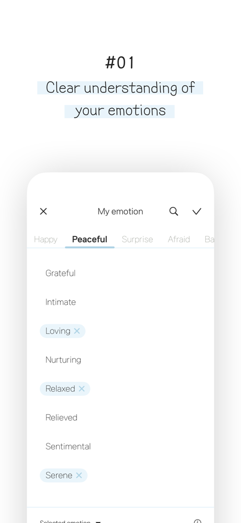 Cherish - diary with 7 formats - A screenshot of the Cherish app showing the emotion explorer feature with various peaceful feelings selected like loving and relaxed.
