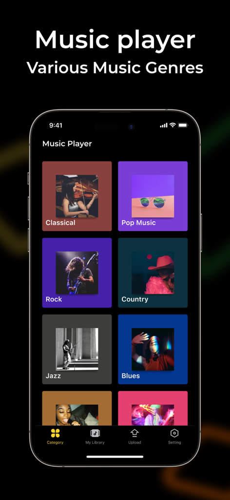 Snap Playerアプリのインターフェースが、ポップ、ロック、クラシックなどのさまざまな音楽ジャンルカテゴリを示している
