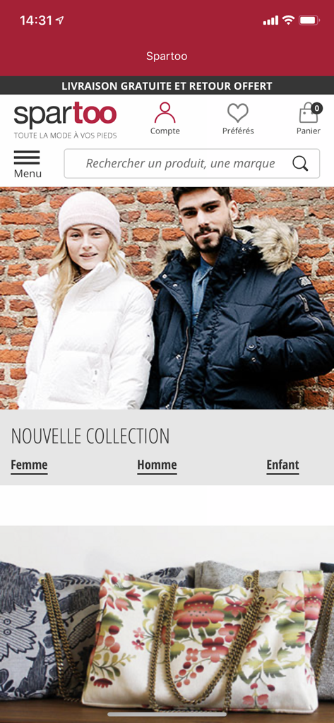 Página inicial do aplicativo de moda Spartoo exibindo coleção de inverno para homens e mulheres