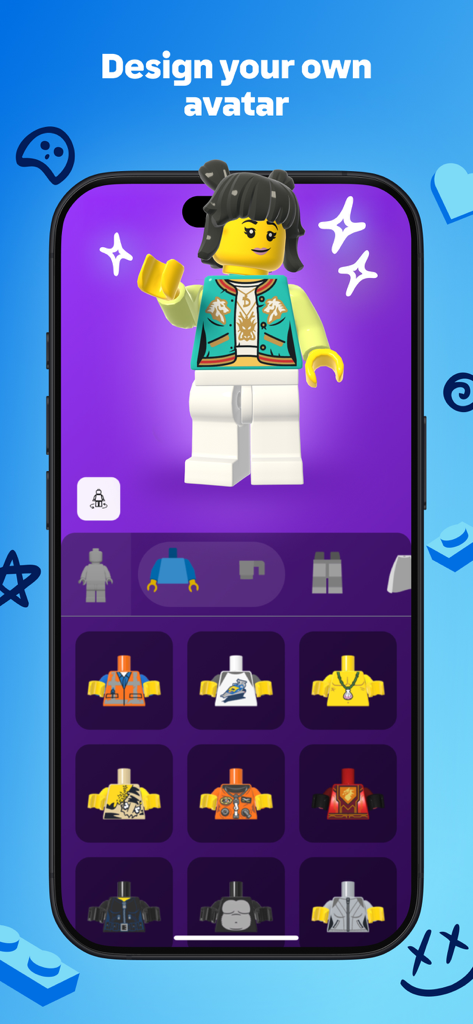 Interface of the LEGO Play app showing a 3D LEGO minifigure being customized with various torso and outfit options.