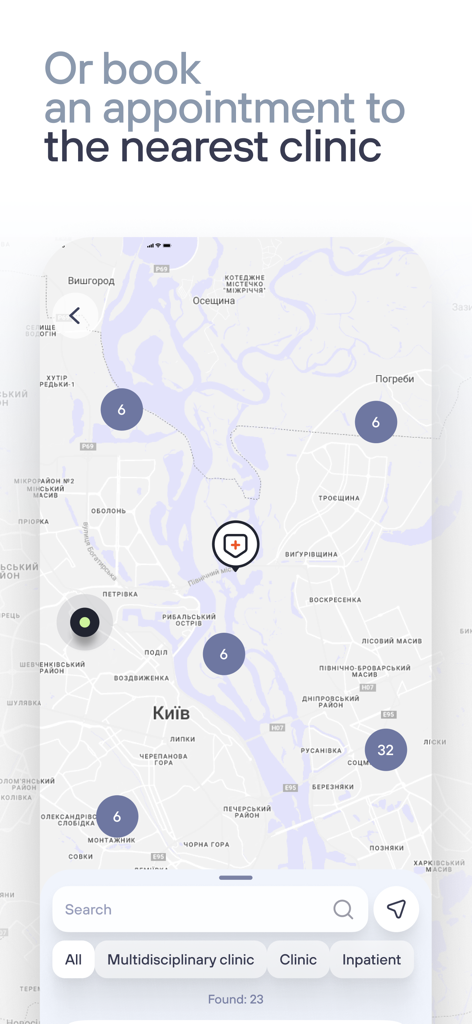 Interfaz de la app Ensuria mostrando un mapa de clínicas médicas cercanas para reservar citas