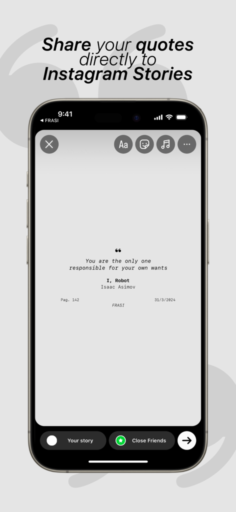 Una pantalla de iPhone mostrando una cita de libro personalizada que se comparte directamente en Historias de Instagram.