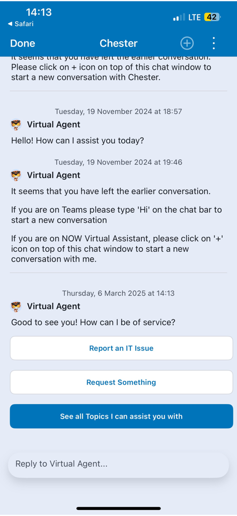 A chat interface within the mypepsico app featuring a virtual agent named Chester offering IT support and service request options.