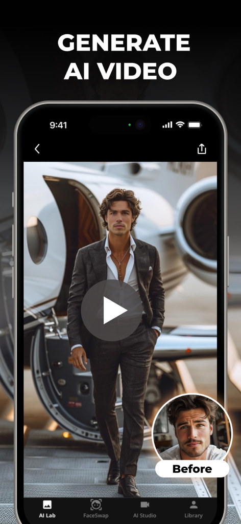 FaceAI - AI Photos & Face Swap - A screenshot of FaceAI app showing the generate ai video feature with a man in a suit standing next to a private jet