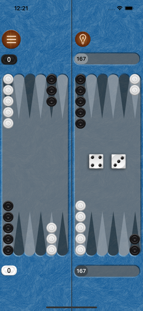 Interface clássica do jogo de tabuleiro de gamão com damas pretas e brancas e dados em um fundo texturizado azul