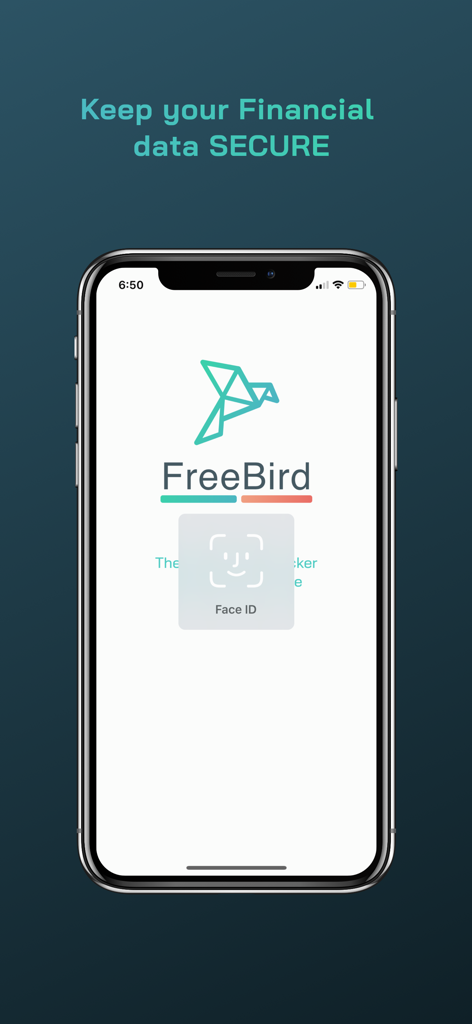 Freebirdアプリのスプラッシュ画面。財務データを保護するためのFace IDセキュリティプロンプトが表示されています。