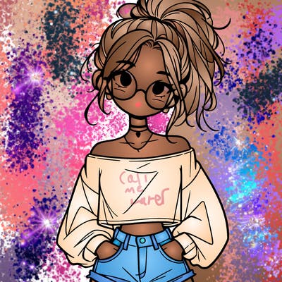 girl with a messy ponytail glasses a baggy crop top and jean shorts