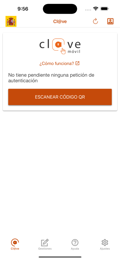 Interface do aplicativo Cl@ve mostrando um botão para escanear um código QR para autenticação eletrônica
