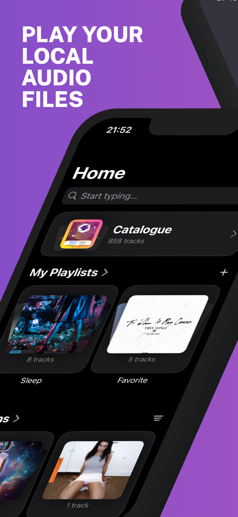 Musiq: Offline Music Player - Musiq app home screen showing local audio file catalogue and user playlists in dark mode
