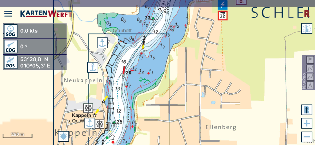 KartenWerft NavGo 2.0 - Detailed marine navigation chart on KartenWerft NavGo 2.0 app showing GPS position and nautical markers