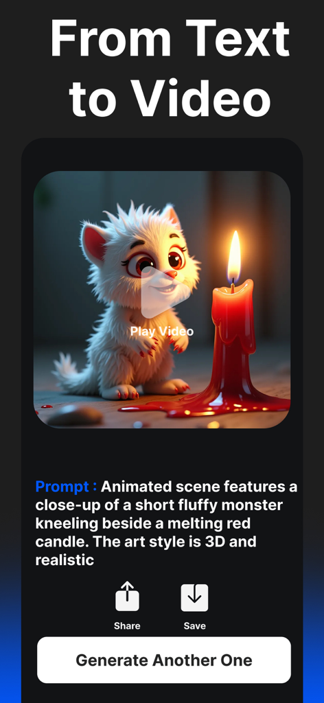AI Video Generator - Vids App - Interfaz de Vids App mostrando un monstruo animado en 3D creado a partir de una indicación de texto.
