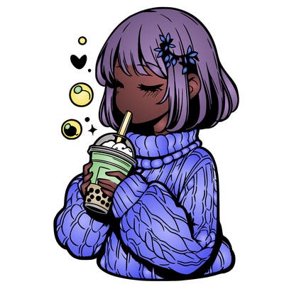 manga girl drinking boba in cozy sweater