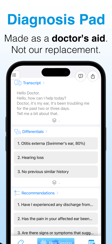 Diagnosis Pad - AI Doctor - Interfaz de la aplicación Diagnosis Pad mostrando la transcripción de una consulta médica y los resultados del diagnóstico diferencial generados por IA