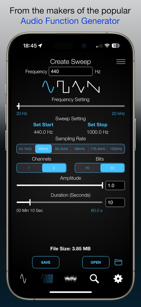 Screenshot of the WAV Audio File Generator app interface for creating custom frequency sweeps
