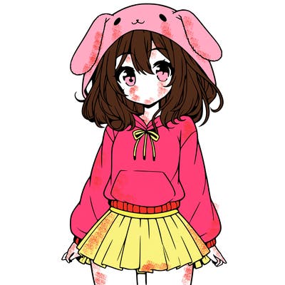 pretty anime girl wearing a fluffy hoodie with bunny ears on the hood and a skirt