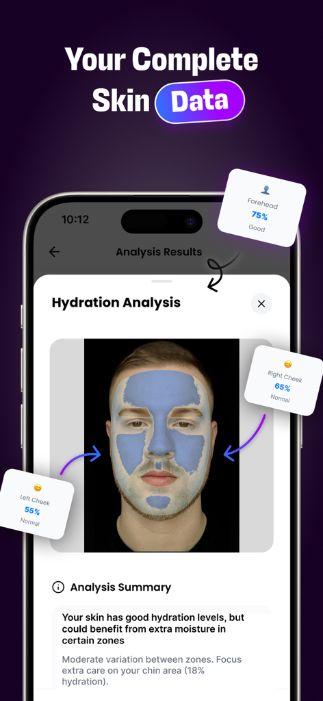 SkinPal AI: Skin Care Scanner - A smartphone screen showing an AI skin hydration analysis with percentage scores for different facial zones