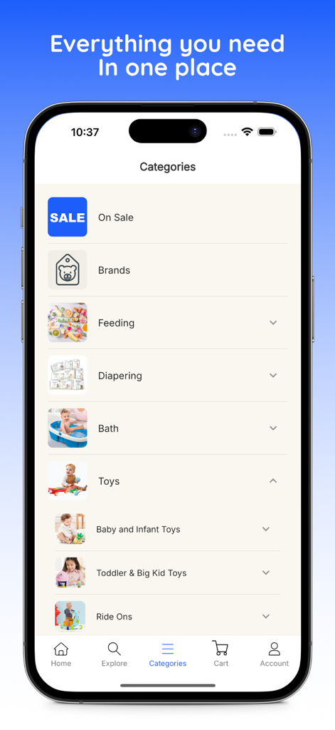 Baby Central mobile App mit kuratierten Einkaufs-Kategorien für Baby- und Kleinkindprodukte.