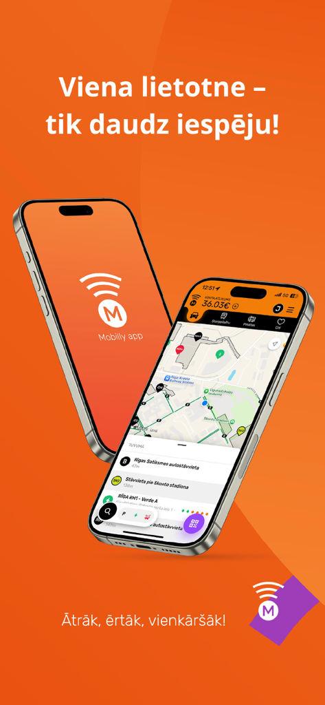 Mobilly - Mobilly mobile app interface on two iPhones showing a parking map and splash screen against an orange background