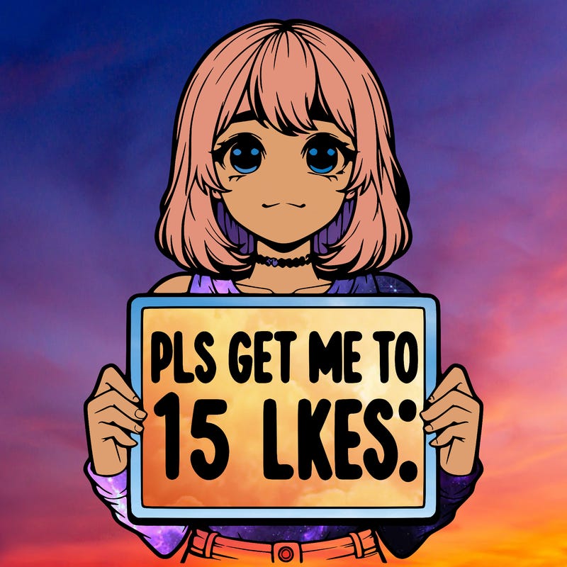 realistic girl holding up a sign that says “pls get me to 15 likes!”